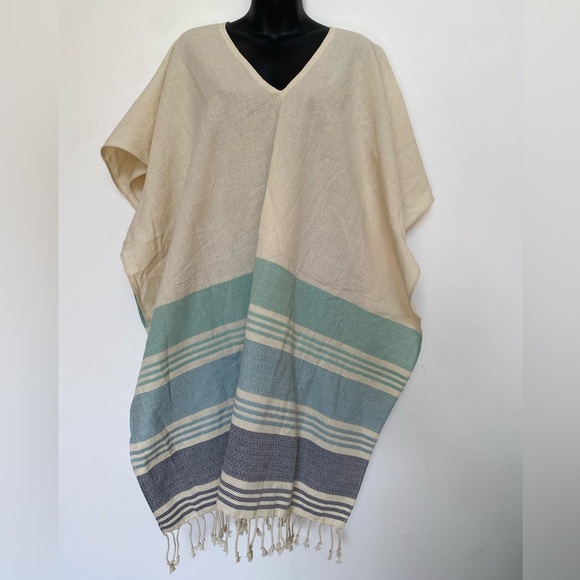 Tribe Alive Womens Size OS Cream & Blue Striped Fringe Poncho Beach Coverup - Picture 2 of 6
